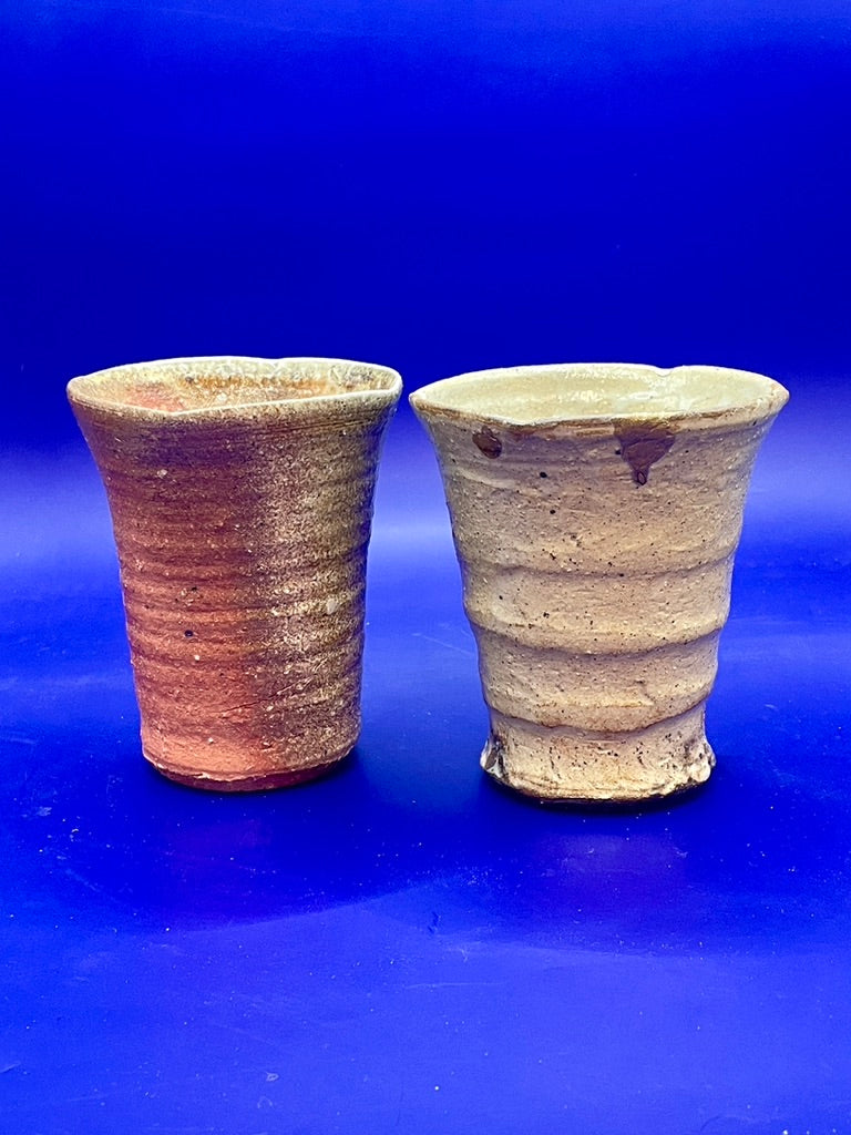 Pair of beer cups, Shigaraki yaki, unglazed woodfired stoneware, feldspar inclusions, S065