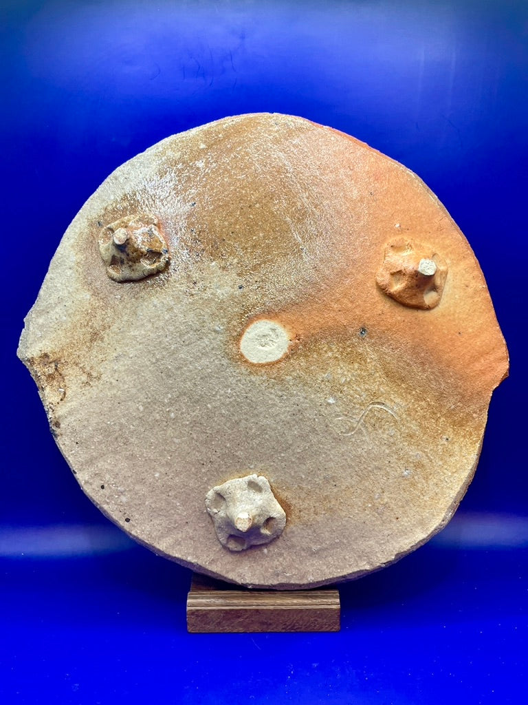 Altered large serving dish, footed, Shigaraki yaki, unglazed woodfired stoneware, feldspar inclusions S078