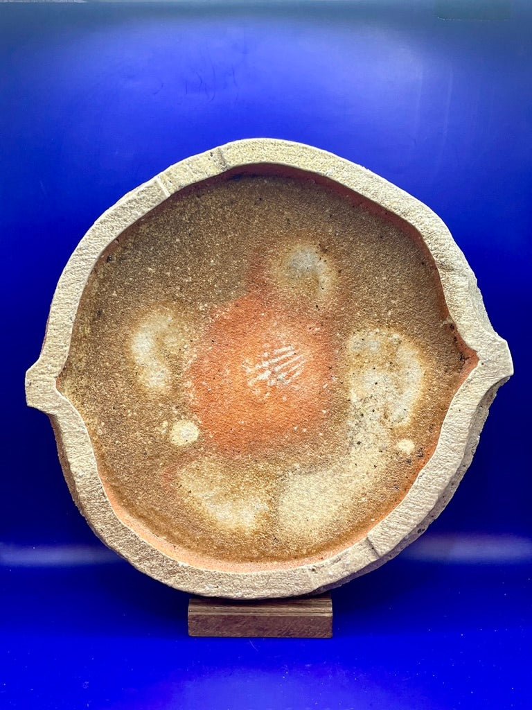 Altered large serving dish, footed, Shigaraki yaki, unglazed woodfired stoneware, feldspar inclusions S078