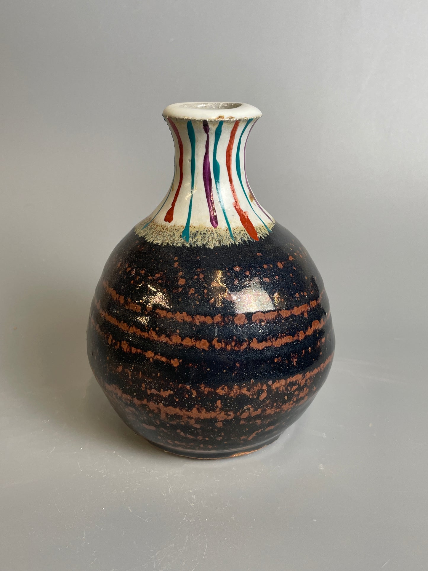 Bud vase, temmoku, nuka, enamel T922