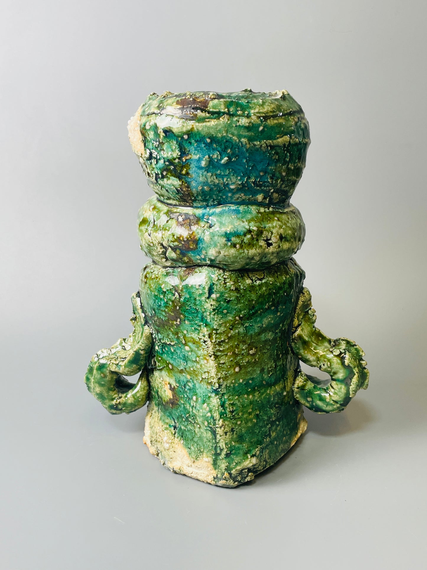 Shiga Oribe hanaire, side fired, inclusion body, needle ash, personal marks for AA, A098