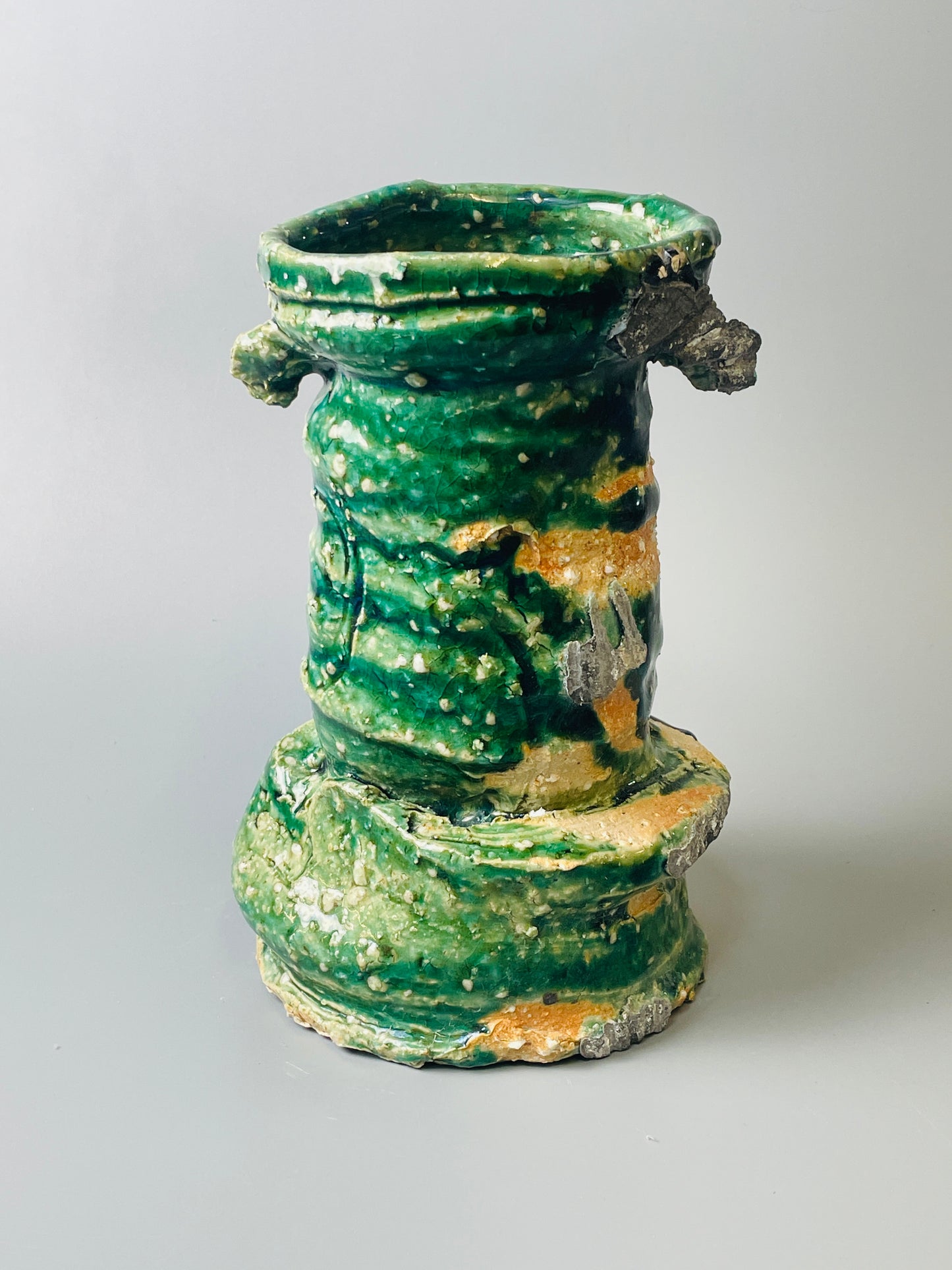 Shiga Oribe hanaire, side fired, inclusion body, needle ash, personal marks for AA, A104