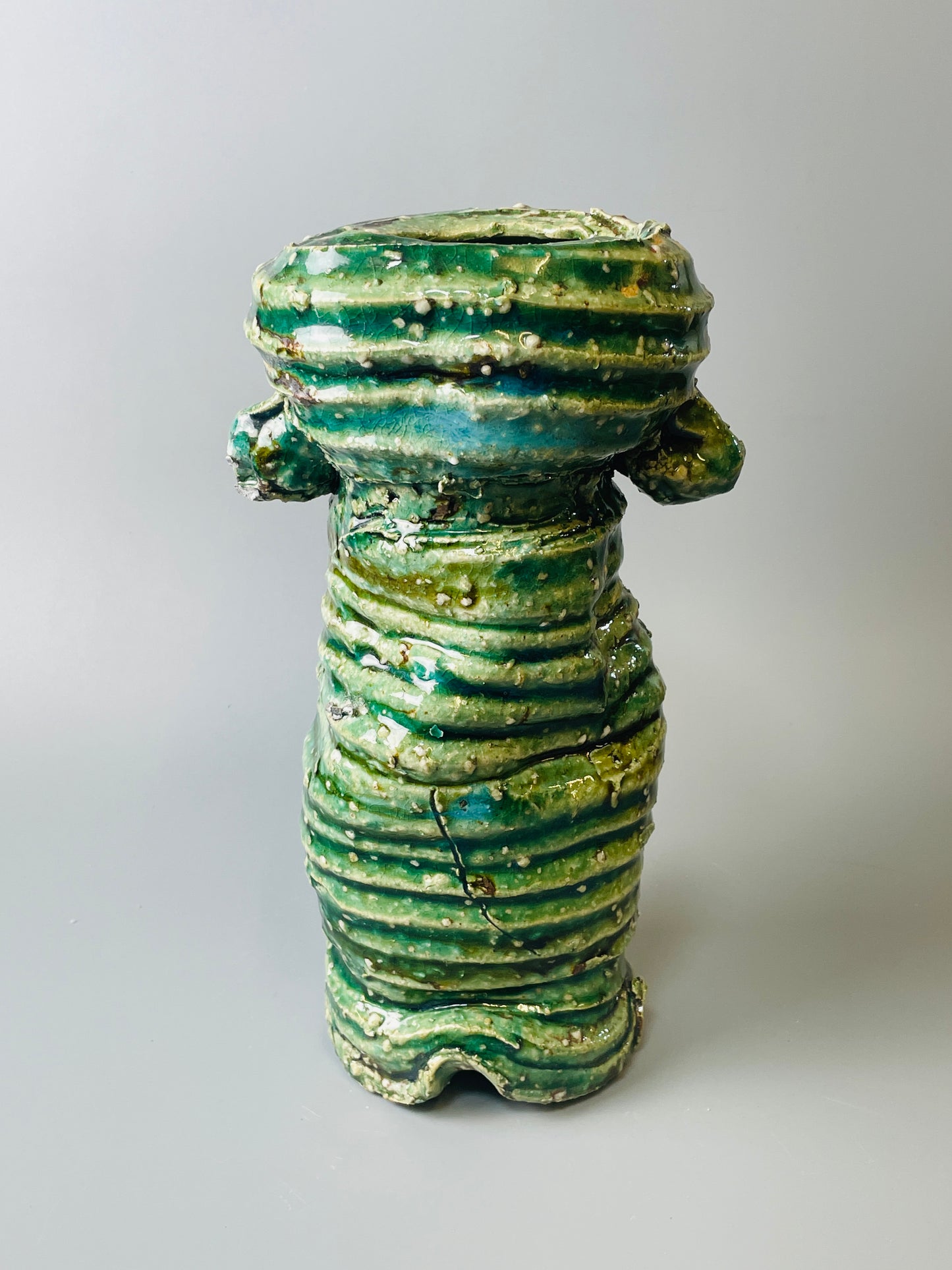 Shiga Oribe hanaire, side fired, inclusion body, needle ash, personal marks for AA, A116