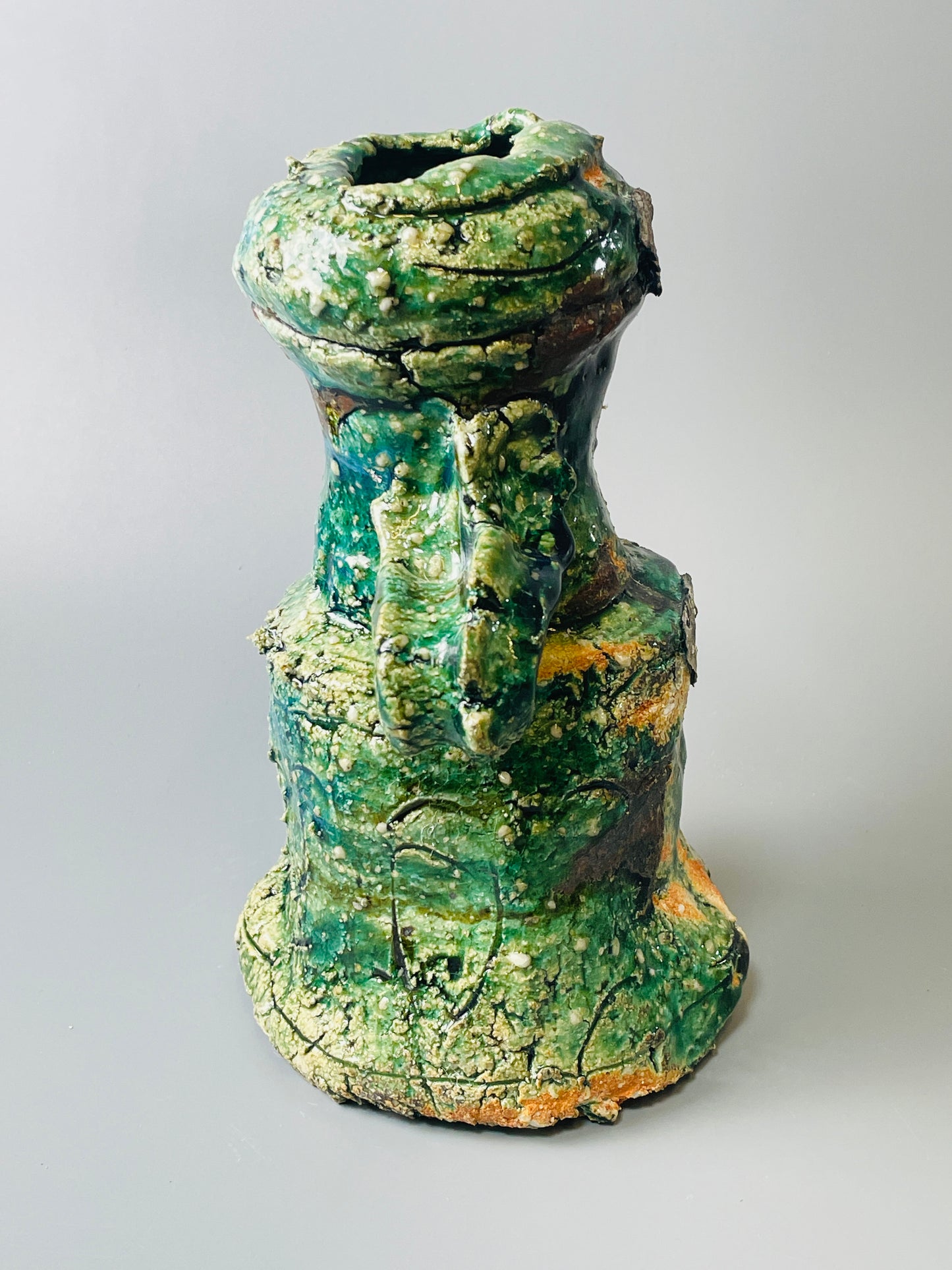 Shiga Oribe hanaire, side fired, inclusion body, needle ash, personal marks for AA, A117