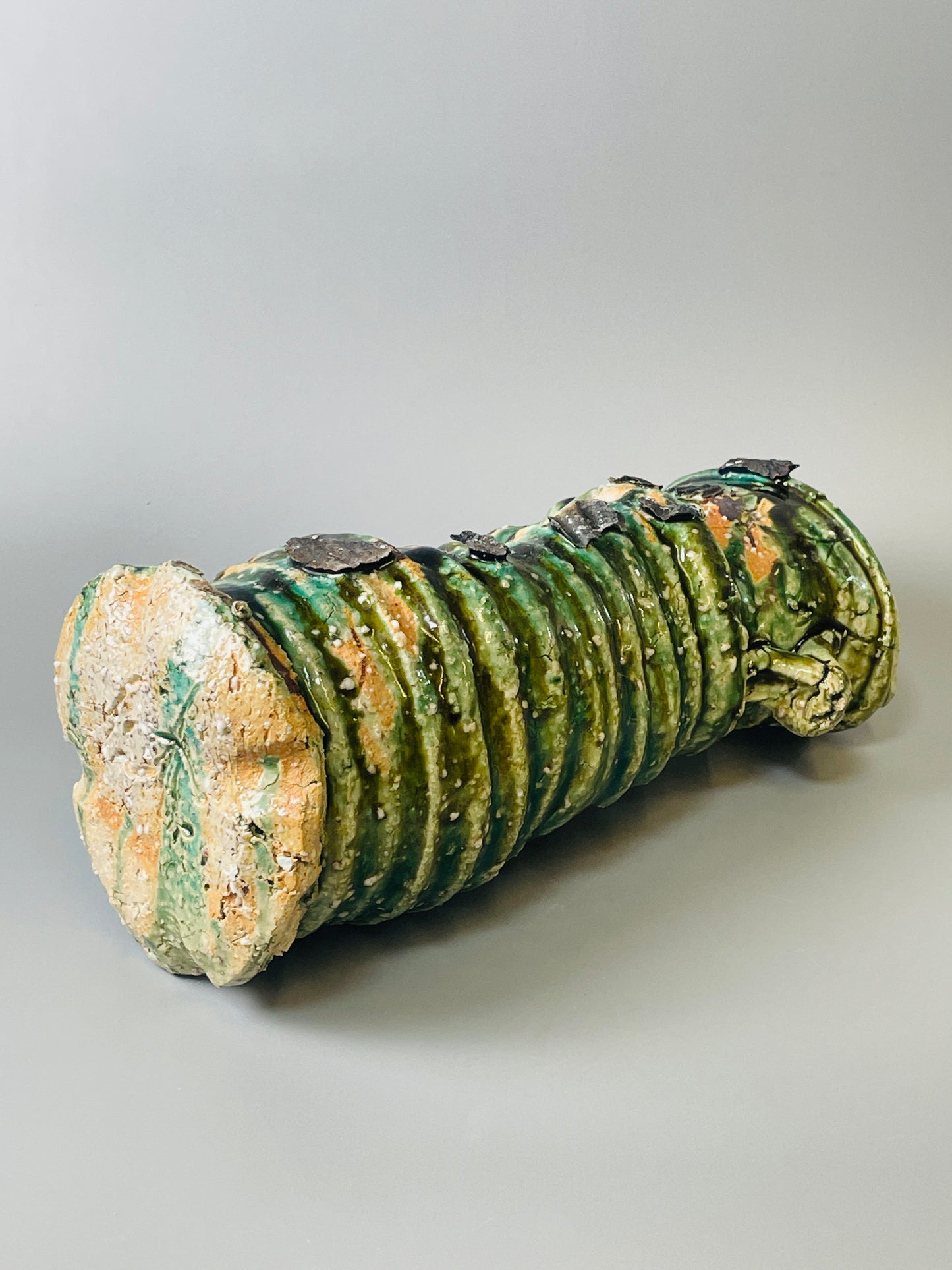 Shiga Oribe hanaire, side fired, inclusion body, needle ash, personal marks for AA, A122
