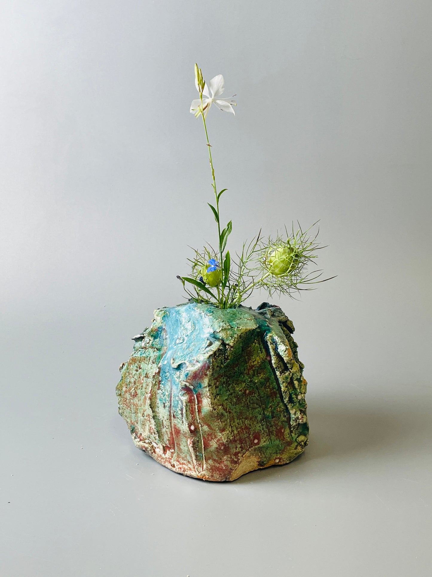 Shiga Oribe bud vase, side fired, inclusion body, needle ash, personal marks for AA, A125