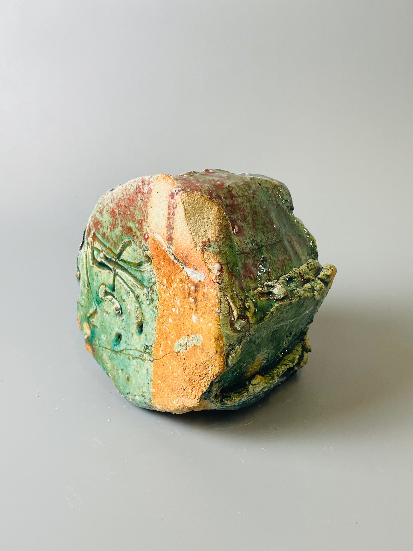 Shiga Oribe bud vase, side fired, inclusion body, needle ash, personal marks for AA, A125