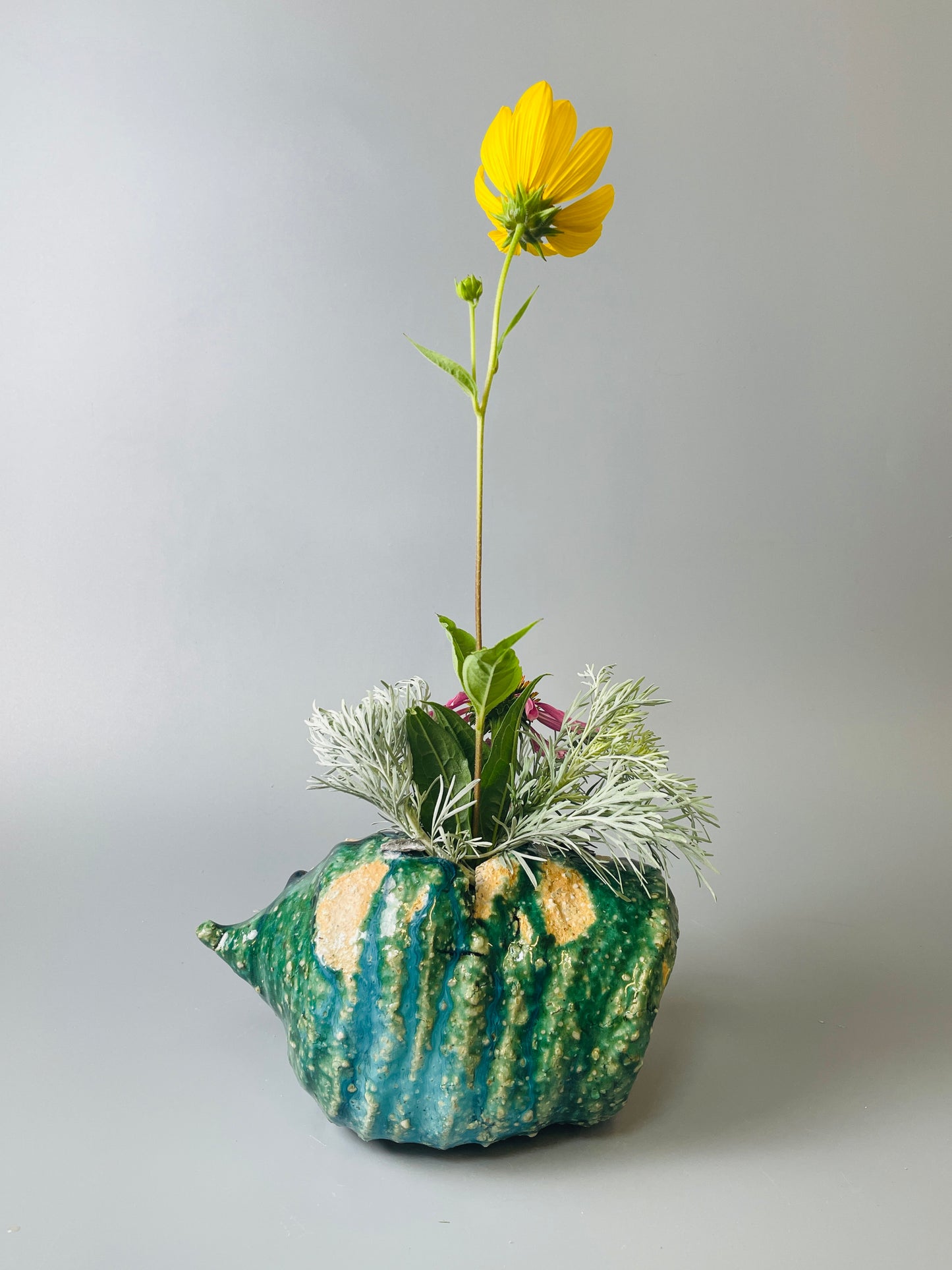 Shiga Oribe bud vase, side fired, inclusion body, needle ash, personal marks for AA, A127