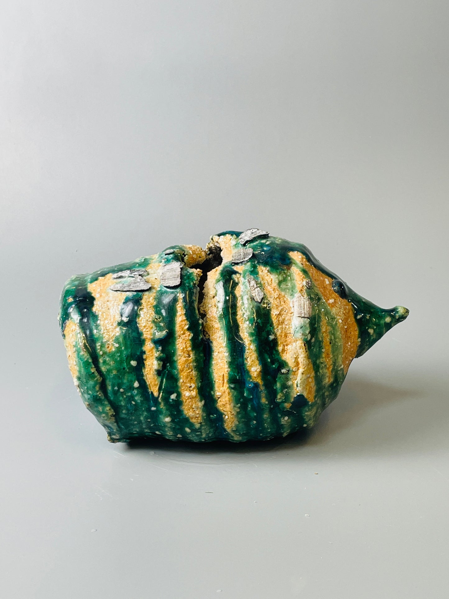 Shiga Oribe bud vase, side fired, inclusion body, needle ash, personal marks for AA, A127