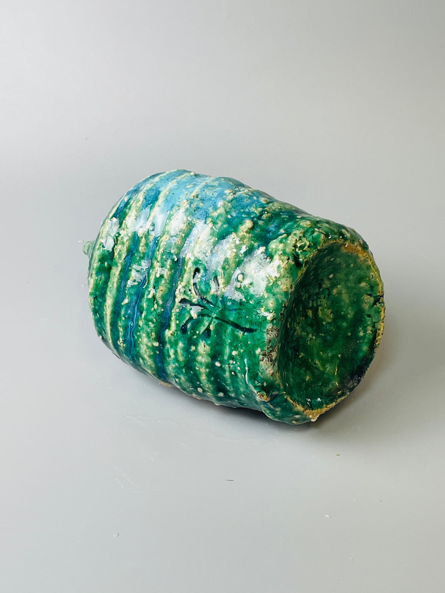 Shiga Oribe bud vase, side fired, inclusion body, needle ash, personal marks for AA, A127