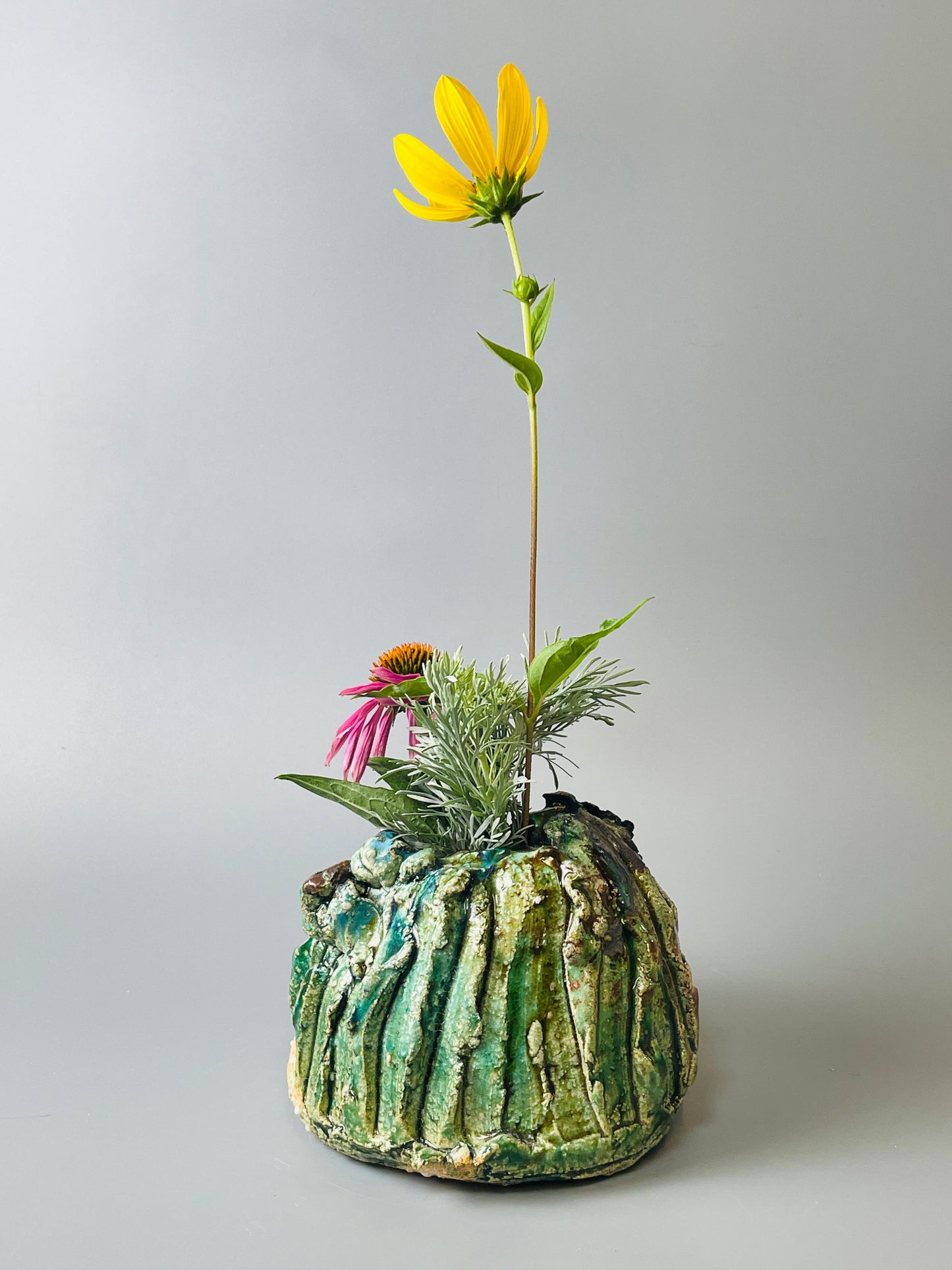 Shiga Oribe bud vase, side fired, inclusion body, needle ash, personal marks for AA, A128