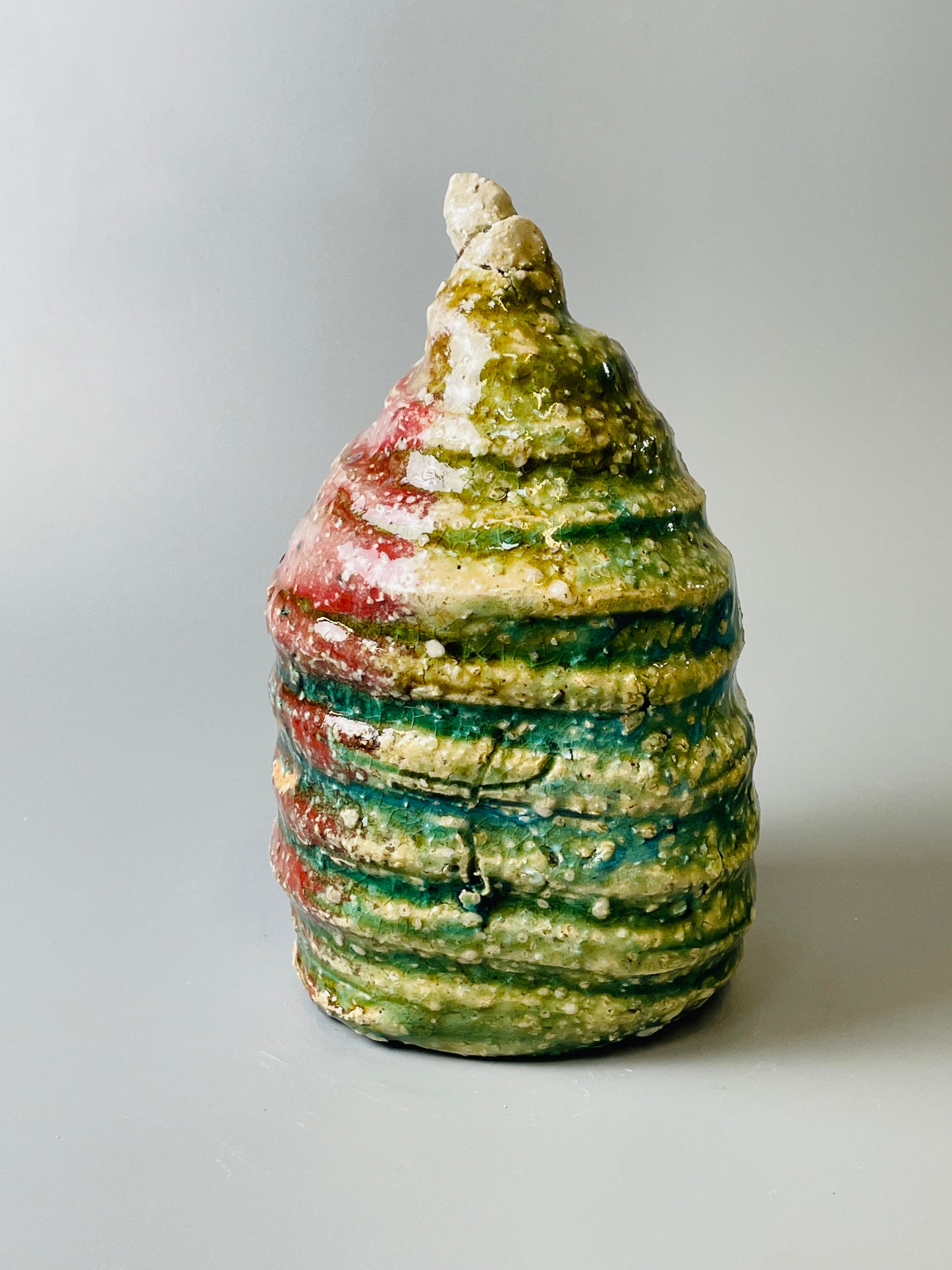 Shiga Oribe bud vase, side fired, inclusion body, needle ash, personal marks for AA, A129