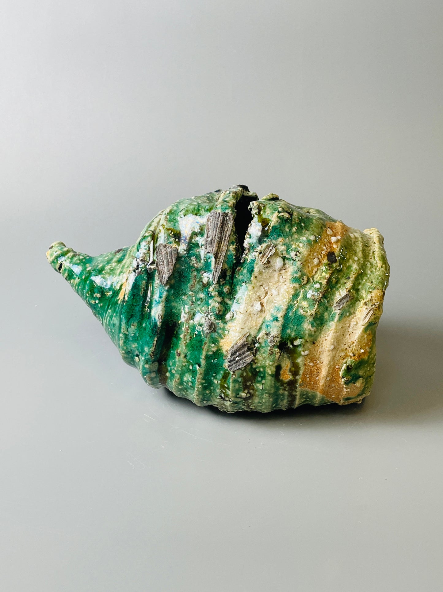 Shiga Oribe bud vase, side fired, inclusion body, needle ash, personal marks for AA, A129