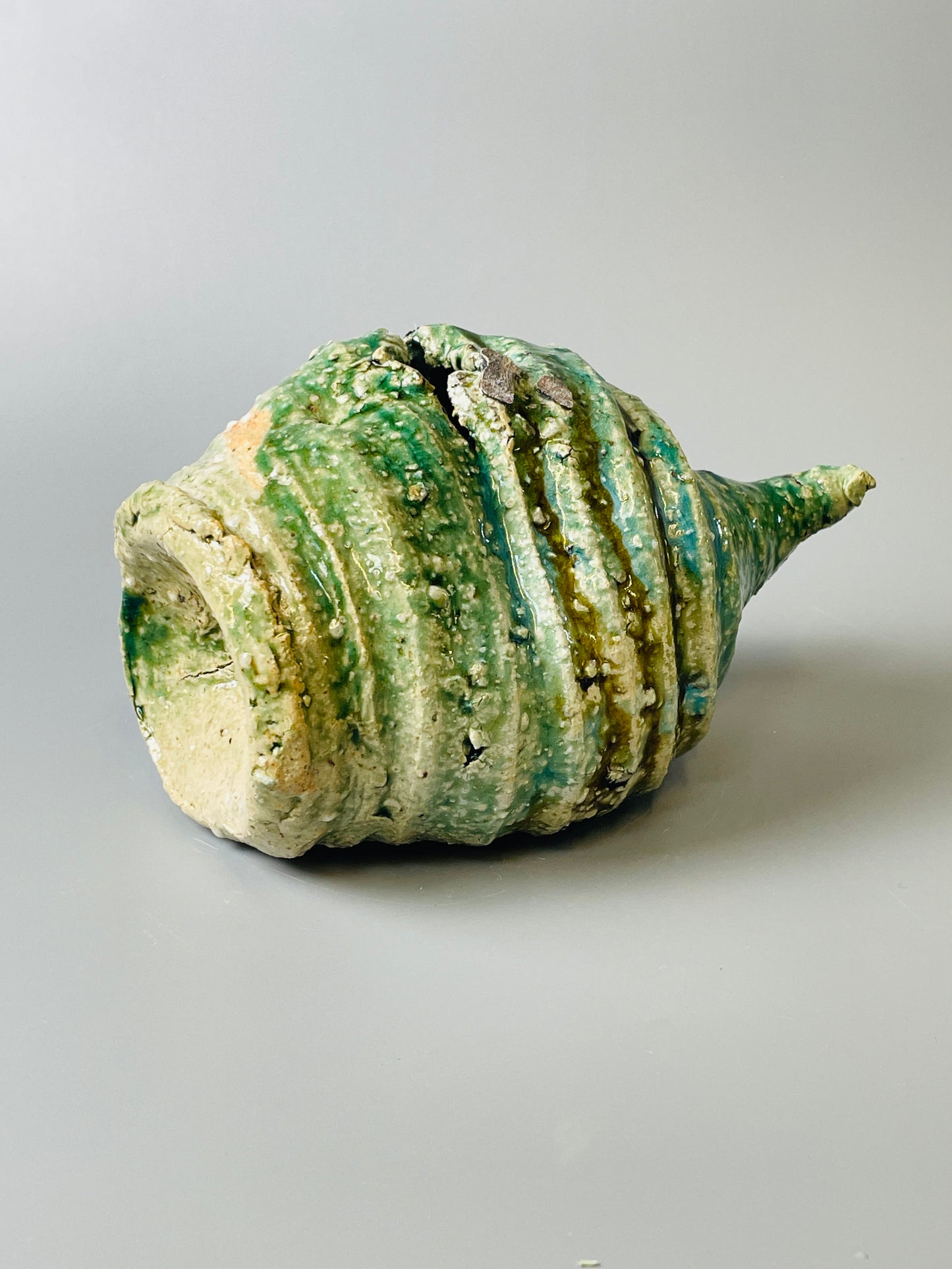 Shiga Oribe bud vase, side fired, inclusion body, needle ash, personal marks for AA, A129