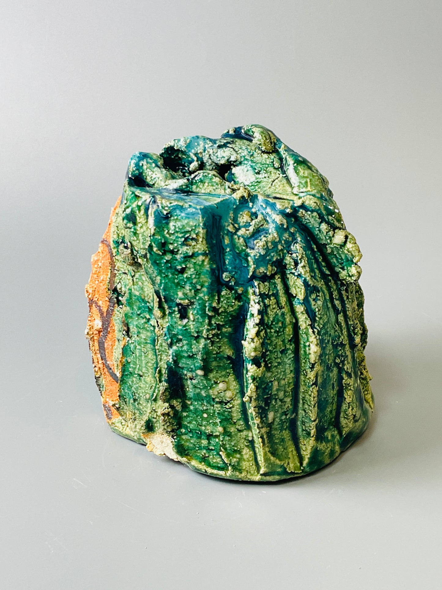 Shiga Oribe bud vase, side fired, inclusion body, needle ash, personal marks for AA, A130