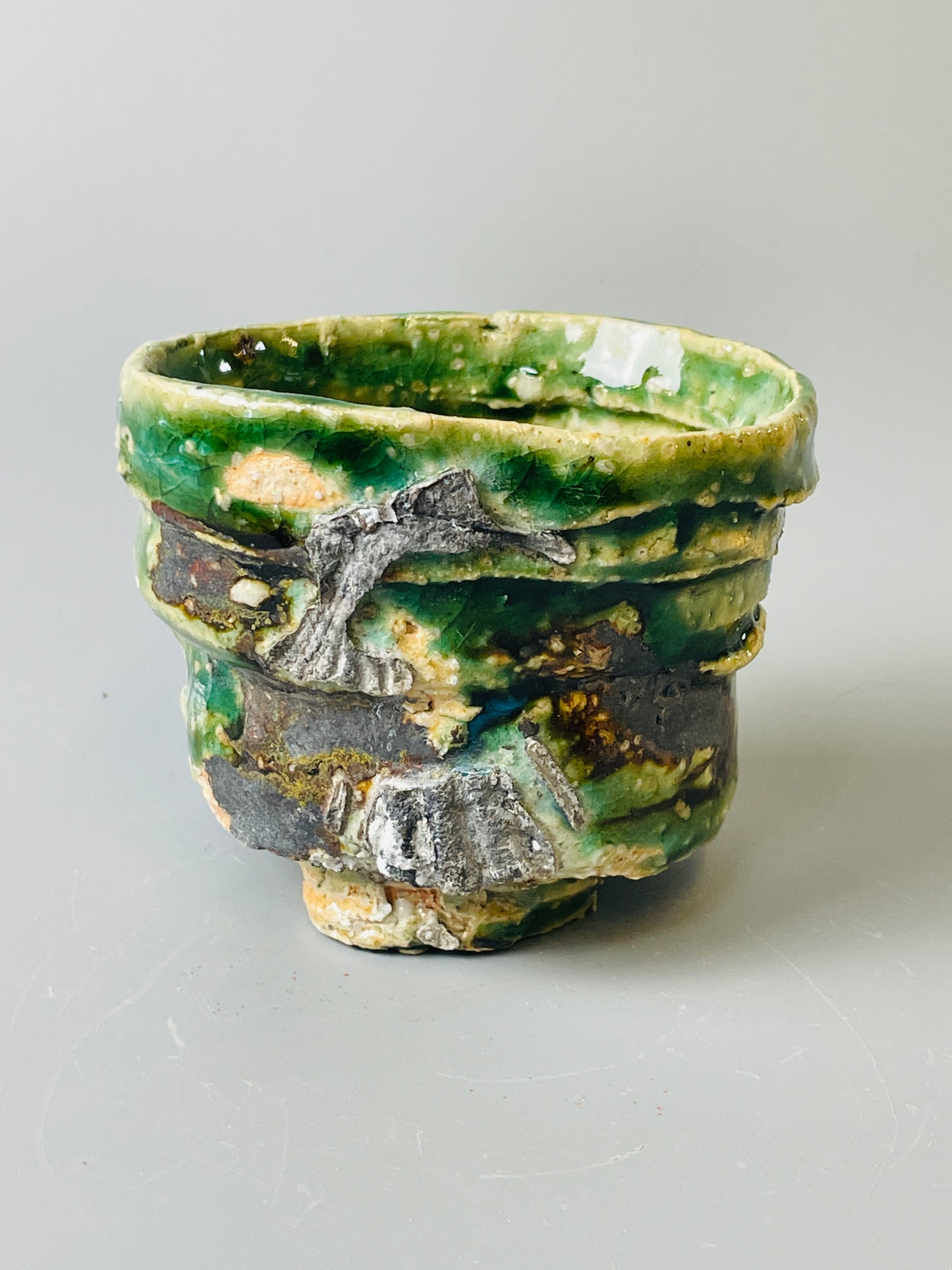 Shiga Oribe guinomi/espresso, side fired, inclusion body, needle ash, personal marks for AA, A146