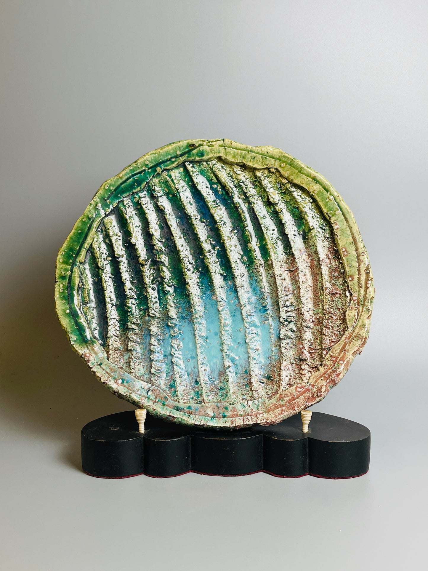 Aaron Angell for Troy Town, a large peacock oribe plate, feldspathic inclusions, A055