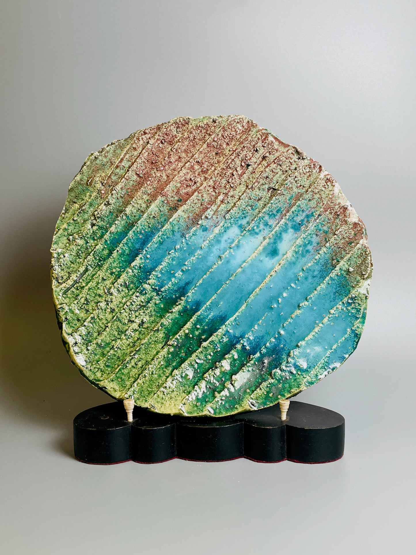 Aaron Angell for Troy Town, a large peacock oribe plate, feldspathic inclusions, A058
