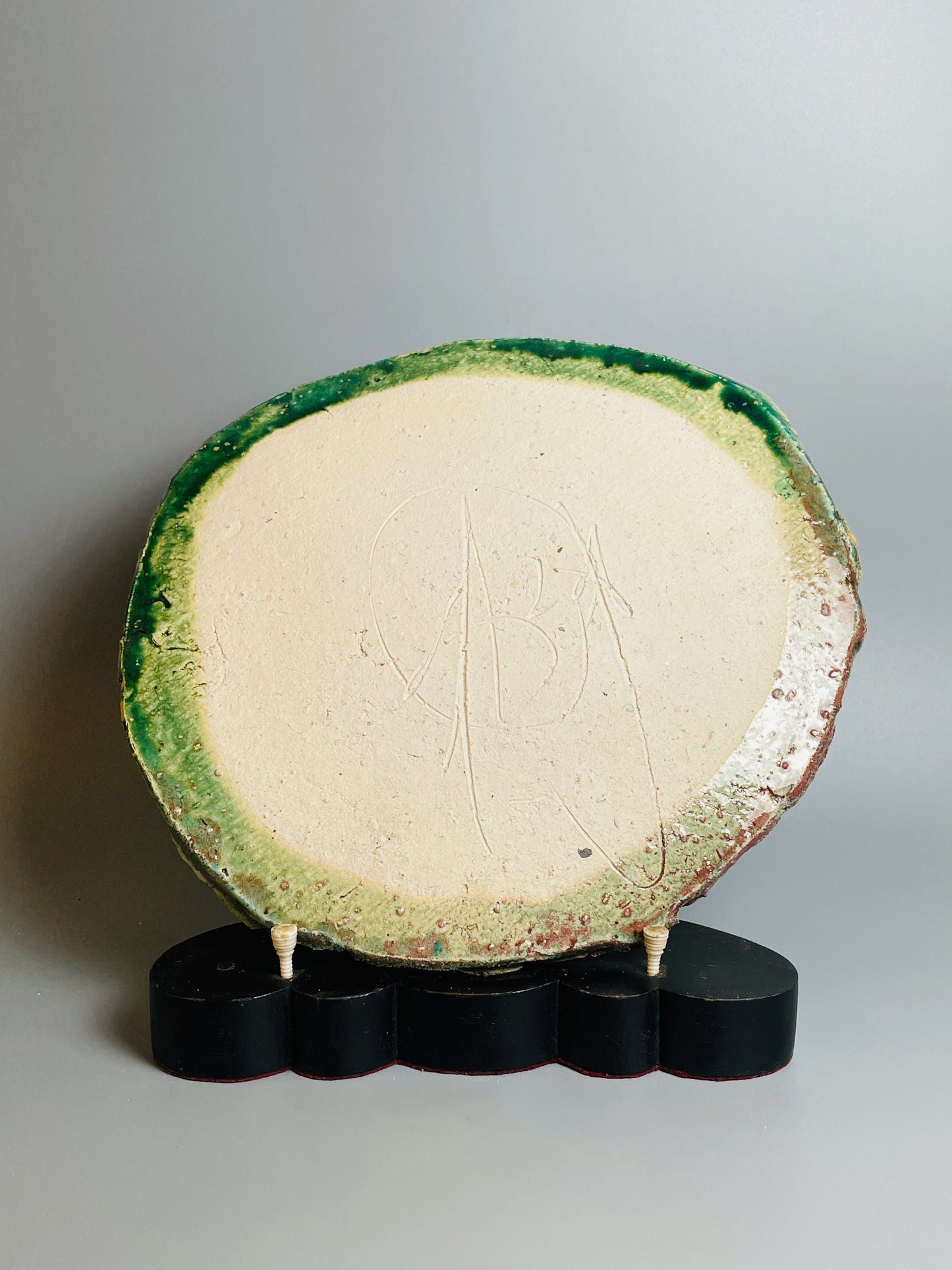 Aaron Angell for Troy Town, a large peacock oribe plate, feldspathic inclusions, A058