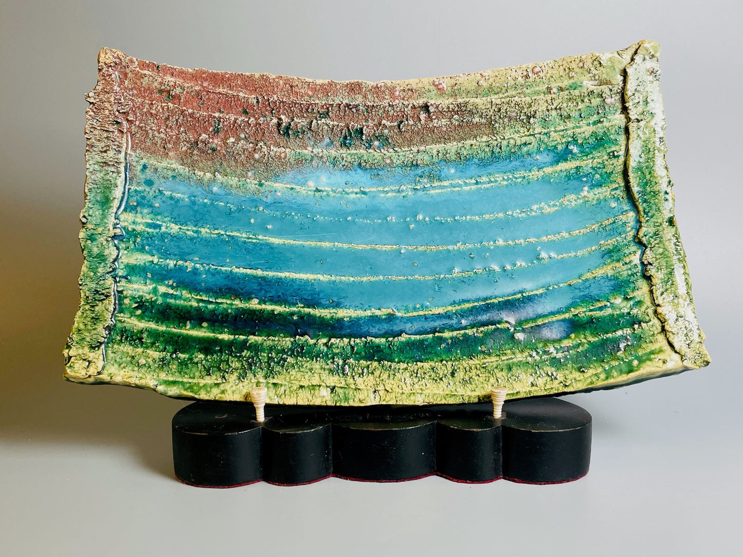 Aaron Angell for Troy Town, a square peacock oribe plate, feldspathic inclusions, A065