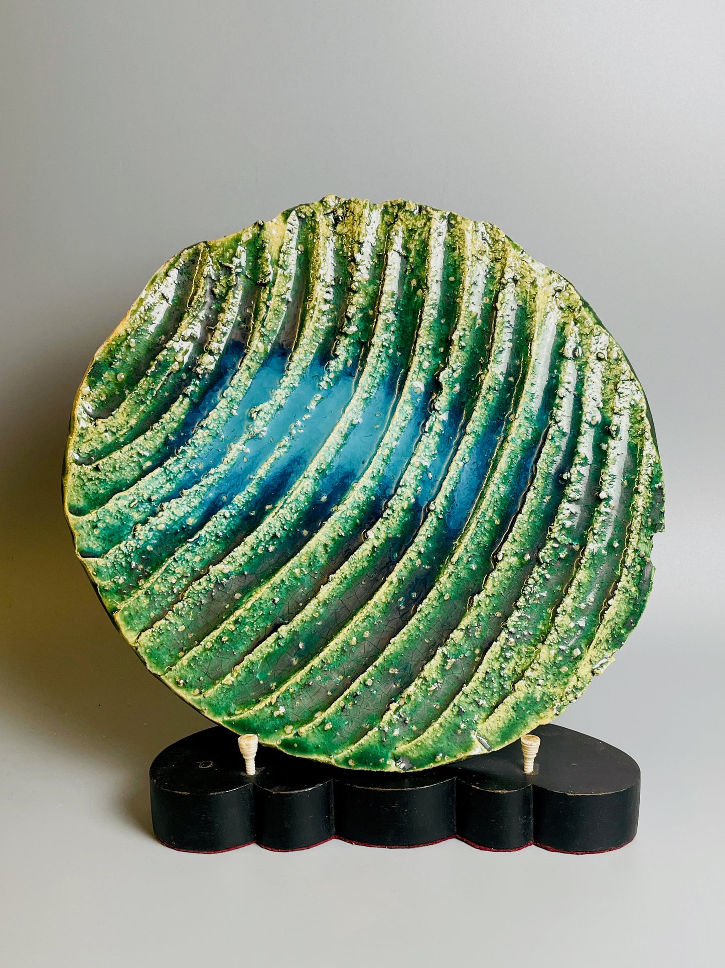 Aaron Angell for Troy Town, a large oribe plate, feldspathic inclusions, A054