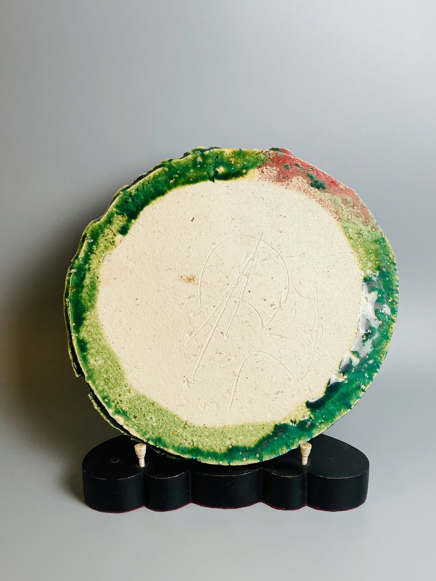 Aaron Angell for Troy Town, a large oribe plate, feldspathic inclusions, A054