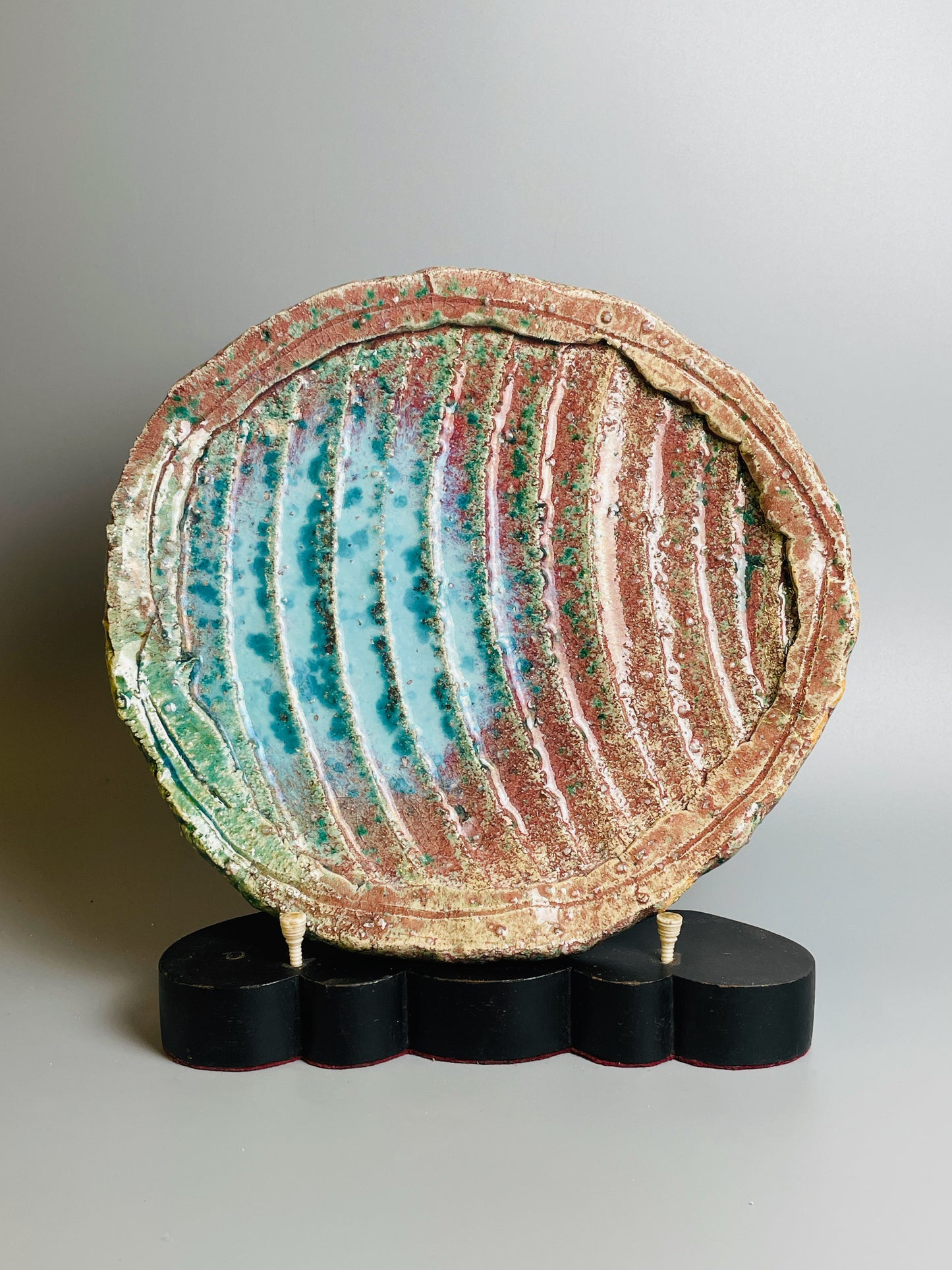 Aaron Angell for Troy Town, a large peacock oribe plate, feldspathic inclusions, A054