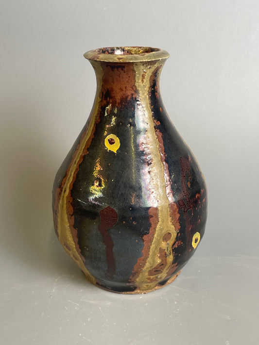 Bud vase, temmoku, ash, enamel, T930