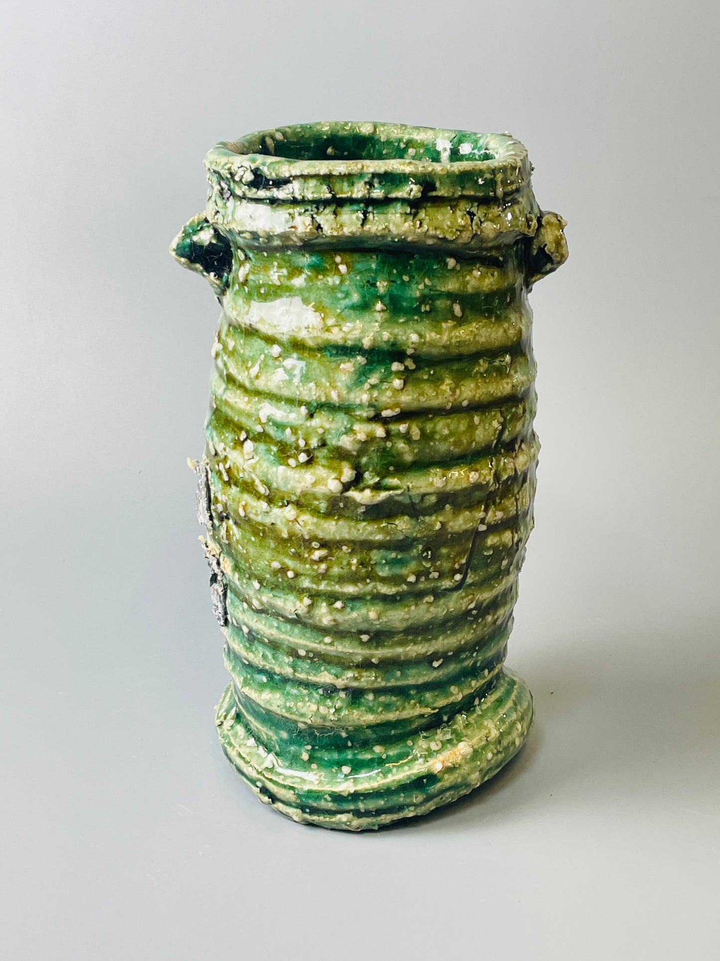 Shiga Oribe hanaire, side fired, inclusion body, needle ash, personal marks for AA, A121