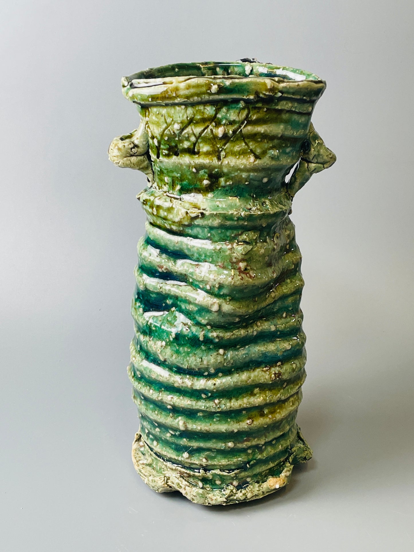 Shiga Oribe hanaire, side fired, inclusion body, needle ash, personal marks for AA, A122