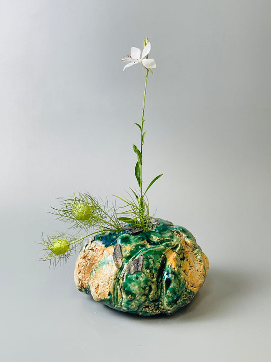 Shiga Oribe bud vase, side fired, inclusion body, needle ash, personal marks for AA, A126