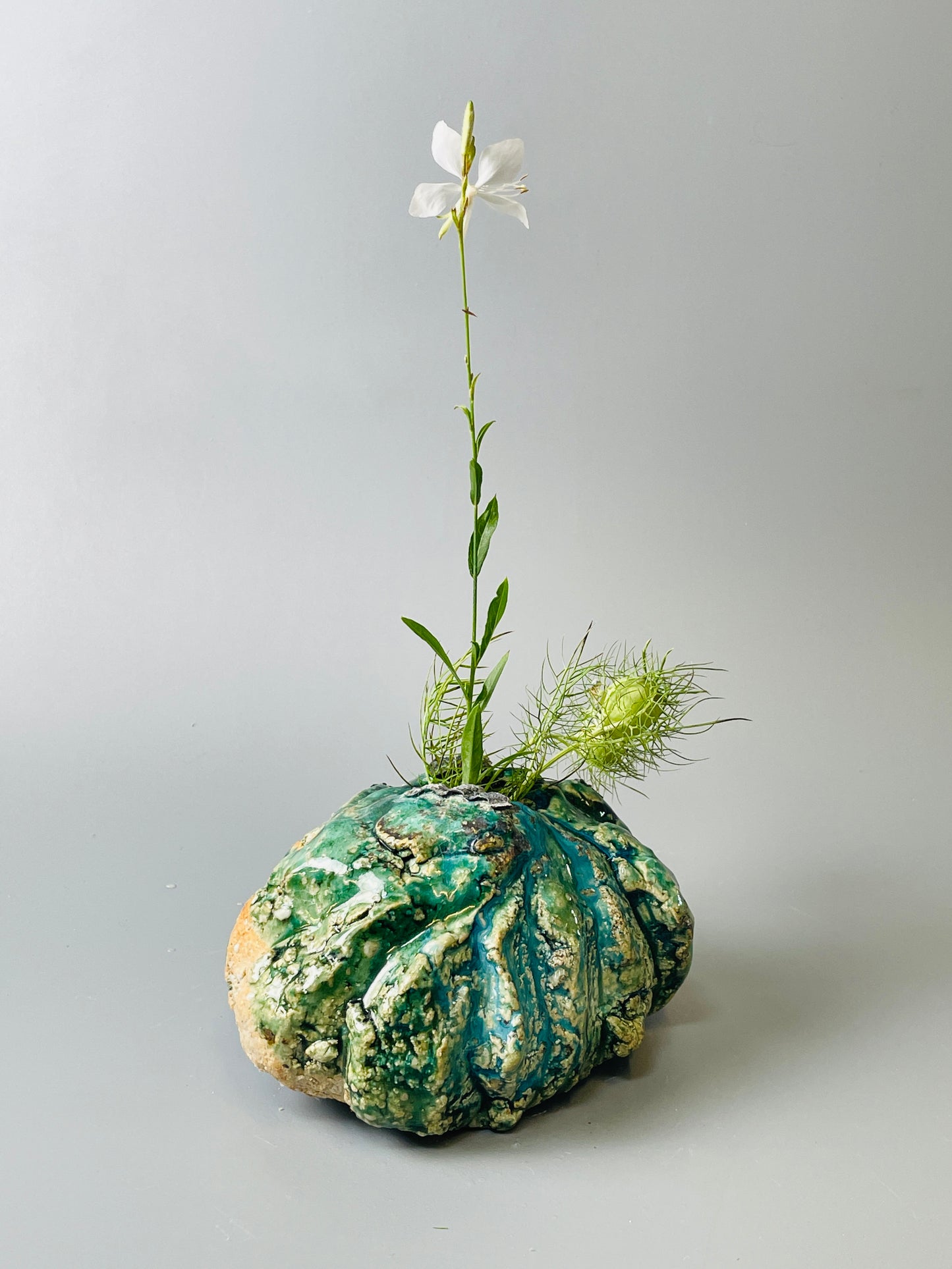 Shiga Oribe bud vase, side fired, inclusion body, needle ash, personal marks for AA, A126