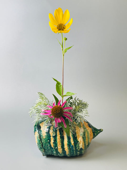 Shiga Oribe bud vase, side fired, inclusion body, needle ash, personal marks for AA, A127