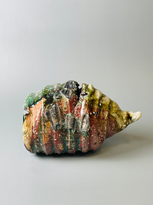 Shiga Oribe bud vase, side fired, inclusion body, needle ash, personal marks for AA, A129