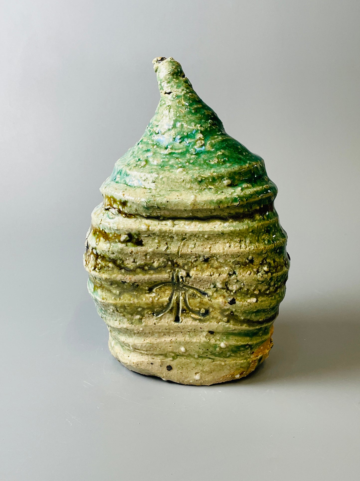 Shiga Oribe bud vase, side fired, inclusion body, needle ash, personal marks for AA, A129