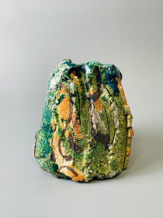 Shiga Oribe bud vase, side fired, inclusion body, needle ash, personal marks for AA, A130
