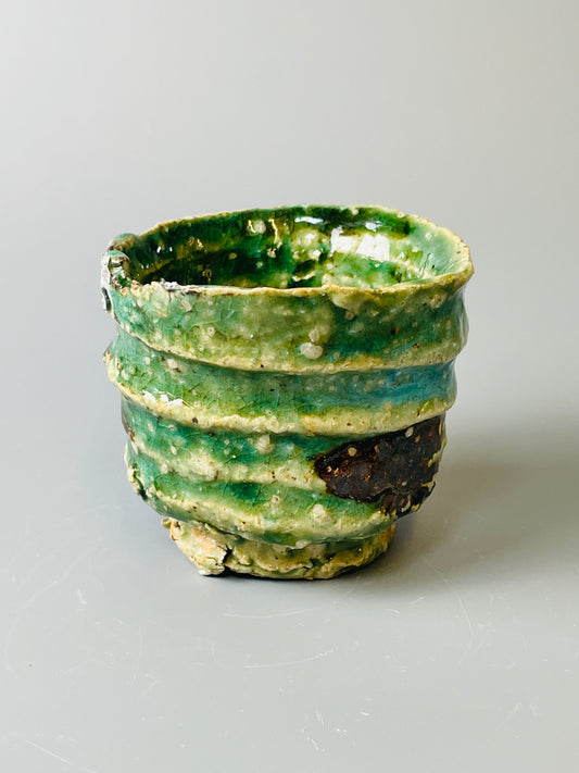 Shiga Oribe guinomi/espresso, side fired, inclusion body, needle ash, personal marks for AA, A139