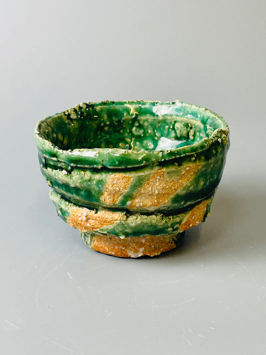 Shiga Oribe guinomi/espresso, side fired, inclusion body, needle ash, personal marks for AA, A140