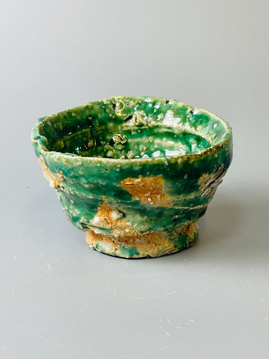 Shiga Oribe guinomi/espresso, side fired, inclusion body, needle ash, personal marks for AA, A144