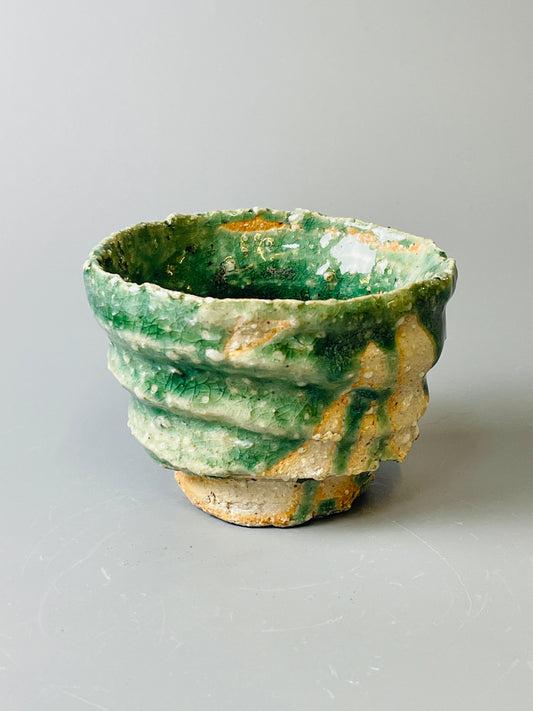 Shiga Oribe guinomi/espresso, side fired, inclusion body, needle ash, personal marks for AA, A147