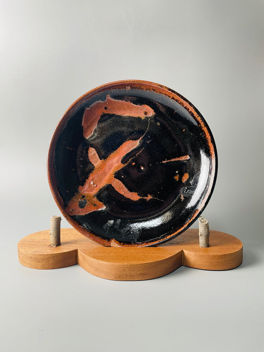Small plate, 22cm dia., temmoku, kaki, T912