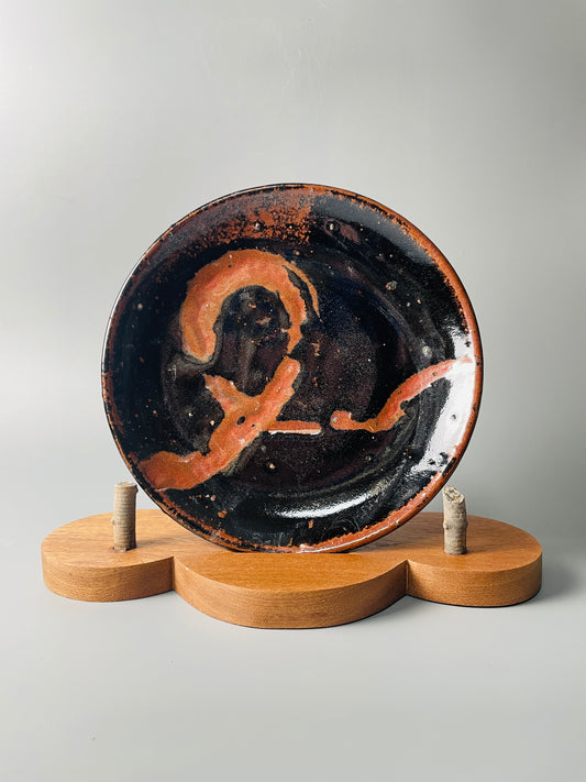 Small plate, 22cm dia., temmoku, kaki, T914