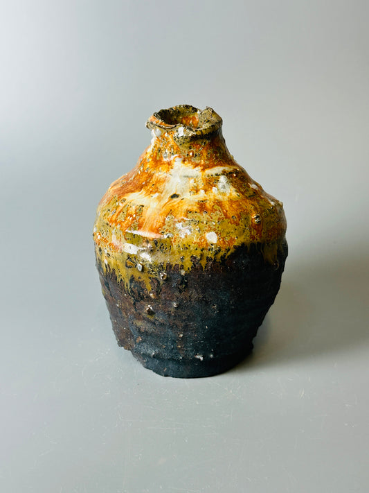 Small bottle vase, iron and rice straw ash glazes, T1532
