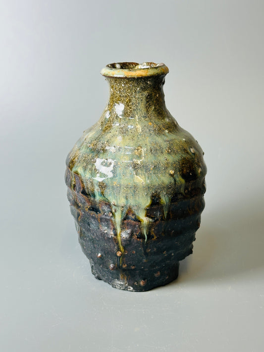 Small bottle vase, iron and rice straw ash glazes, T1534